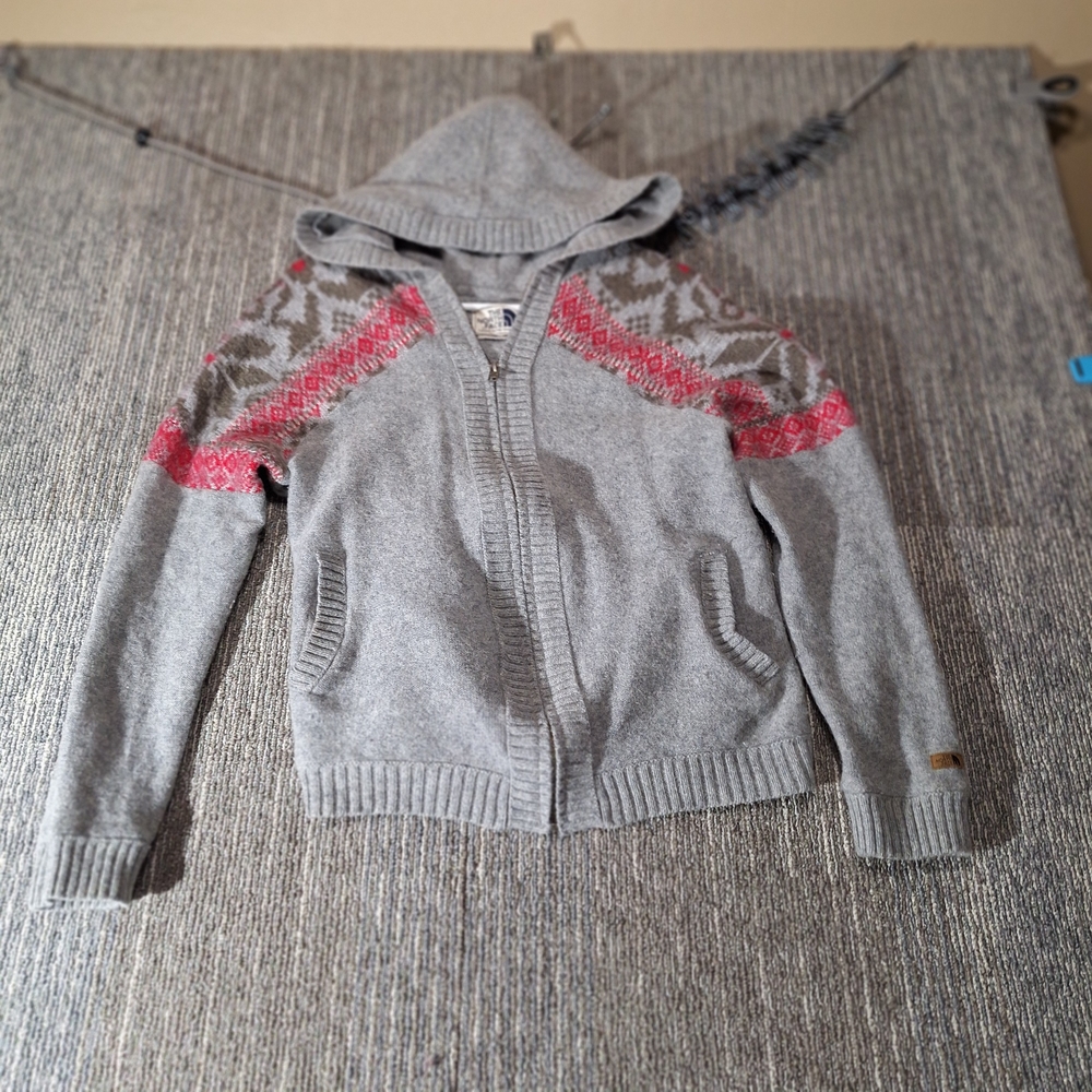 The North Face Gray Hooded Zip Cardigan with Pink Fair Isle Accents